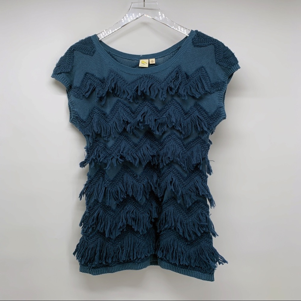 Anthropologie Yellow Bird Blue Fringe Sweater Size Medium